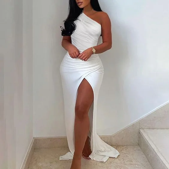 Summer Elegant Solid One Shoulder High Split Thigh Ruched Maxi Floor Dress White Sexy Corset,ED5800