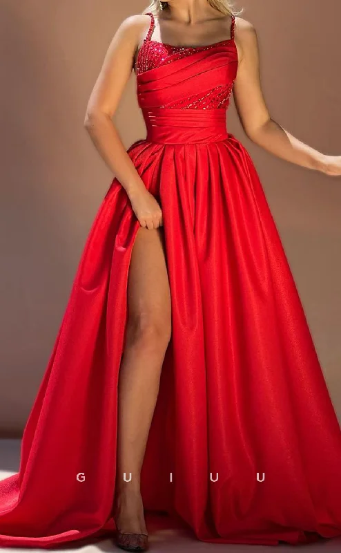 G3327 - Chic & Modern A-line Spaghetti Straps Floor-length Dress with High Slit Ruched Evening Prom Party