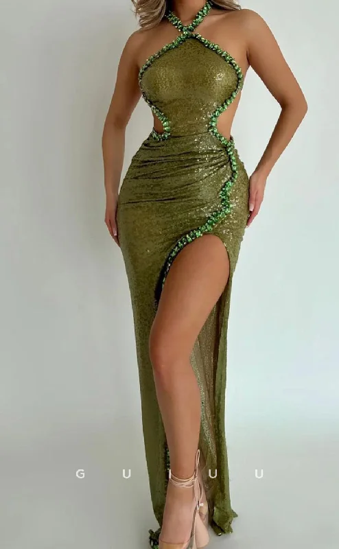 G3346 - Sexy Sheath High Side Slit Halter Spandex Open Back with Lace-Up Beaded Evening Party Gown