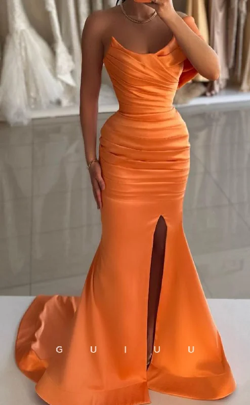 G3378 - Sexy & Modern Sheath & Mermaid Side Slit Strapless Sweep Train Formal Gown Prom Dress