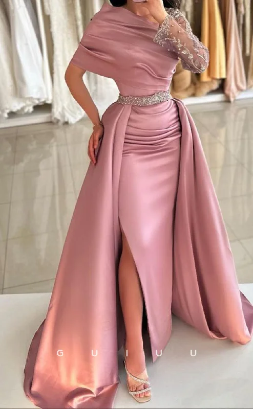 G3385 - Elegant & Luxurious Asymmetrical Neckline Overskirt Gown High Side Slit Beaded Lace Formal Party Prom Dress