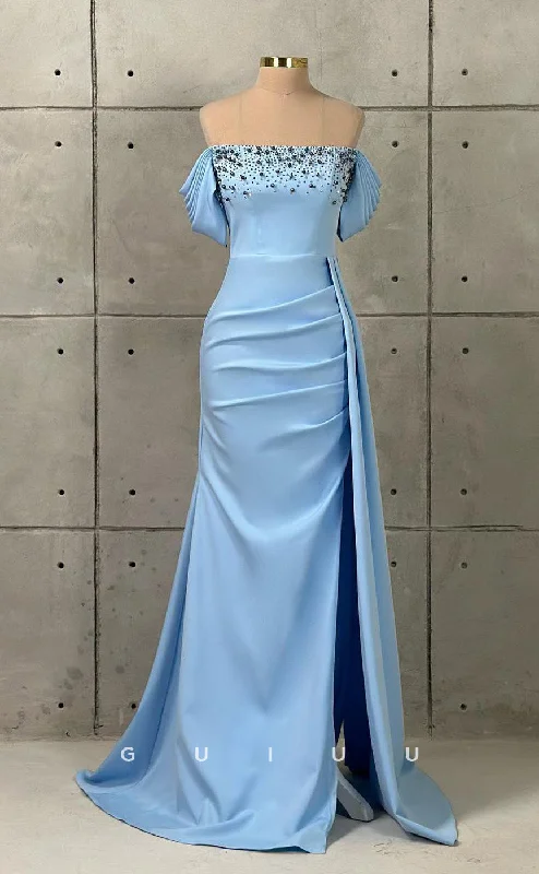 G3433 - Classic & Timeless Off Shoulder Beaded With Double Slit Draped Sweep Train Floor-Length Evening Gown Prom Dress