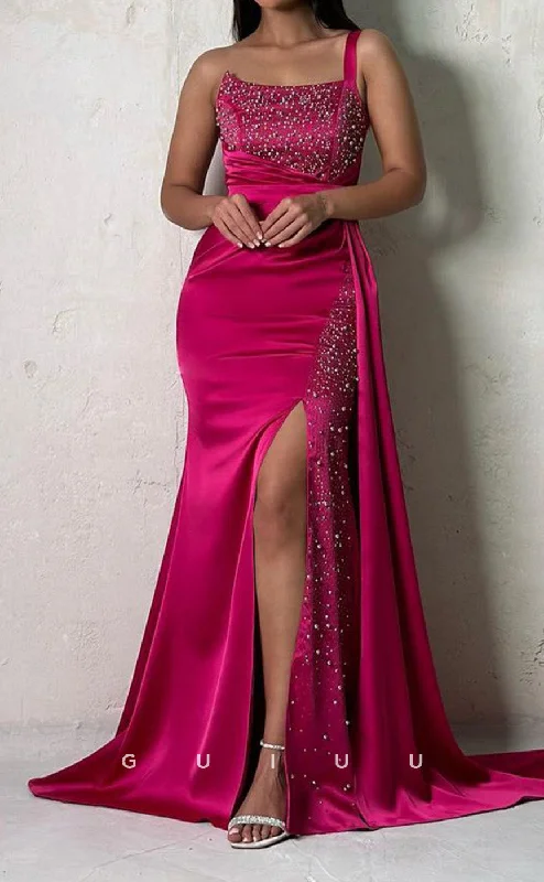 G3436 - Sexy& Hot Mermaid One Shoulder Beaded High Side Slit Sweep Train Draped Long Party Gown Prom Dress