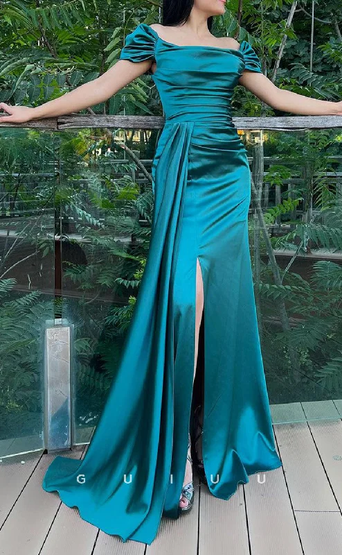 G3445 - Timeless & Ornate Sheath Off Shoulder Draped Side Slit Floor-Length Prom Dress With Sweep Train