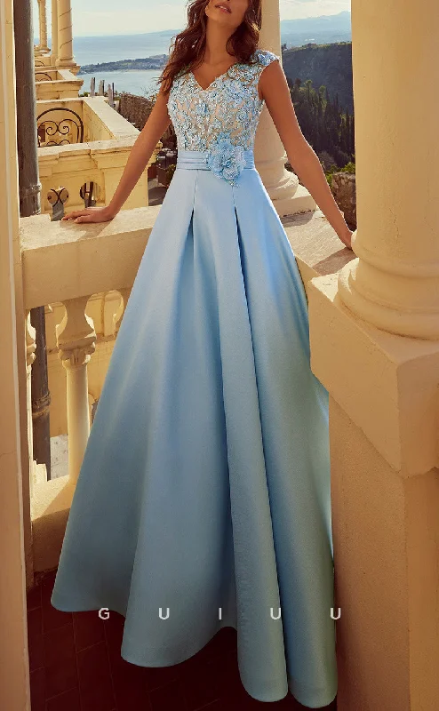 G3448 - Classic & Timeless A-Line V-Neck Beaded Floral Embossed Draped Ankle-Length Ballgown Prom Dress