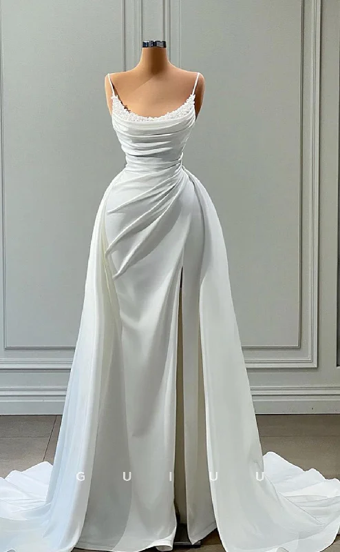 G3458 - Chic & Modern Sheath Scoop Straps Lace Draped High Side Slit Overlay Sweep Train Ball Gown Prom Dress