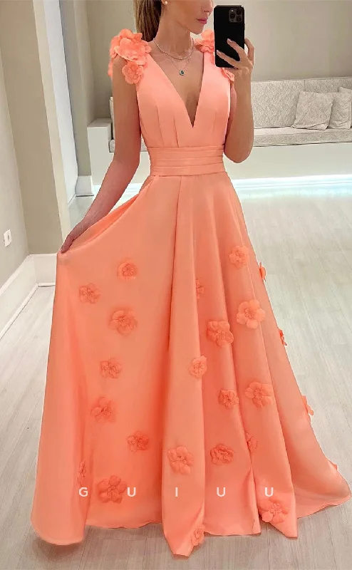 G3465 - Chic & Modern A-Line V-Neck Straps Draped Floral Embossed Floor-Length Ballgown Prom Dress