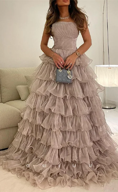 G3466 - Chic & Modern Ballgown Strapless Draped Tulle Floor-Length Tiered Prom Dress