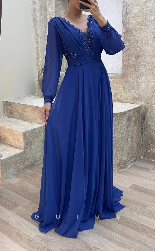 G3482 - Classic & Modern A-Line V-Neck Long Sleeves Sequined Draped Floor-Length Party Prom Dress