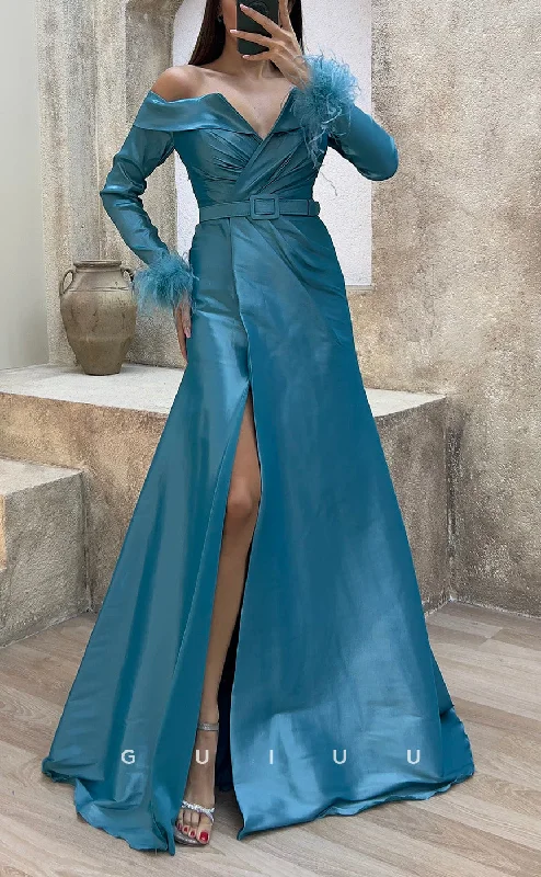 G3486 - Chic & Modern A-Line V-Neck Off Shoulder High Side Slit Sash Long Sleeves Feather Floor-Length Party Ballgown Prom Dress