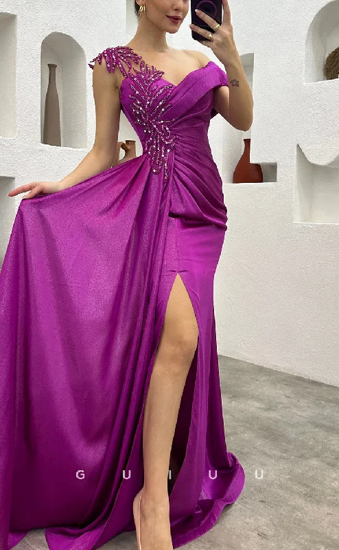 G3491 - Chic & Modern Sheath Asymmetrical Beaded High Side Slit Draped Long Party Prom Dress With Sweep Train