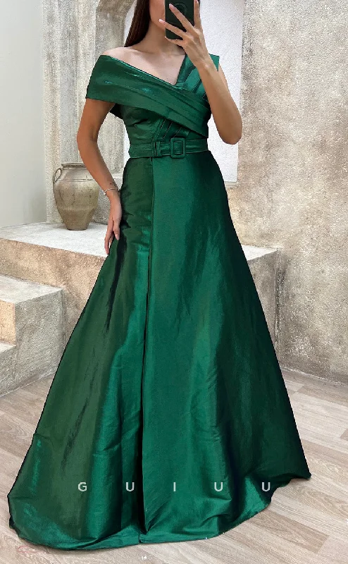 G3503 - Classic & Modern Asymmetrical Sash A-Line Satin Floor--Length Ballgown Prom Dress