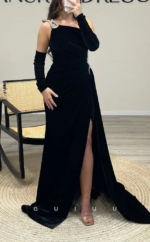 G3508 - Chic & Modern Sheath Asymmetrical Beaded Half Sleeves High Side Slit Floor-Length Party Gown Prom Dress