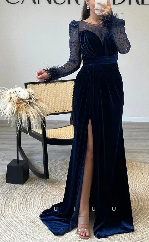 G3516 - Chic & Modern Trumpet Illusion Bateau Long Sleeves Feather High Side Slit Draped Long Evening Gown Prom Dress