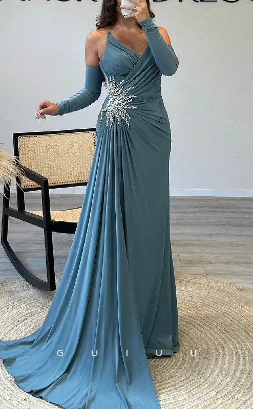 G3537 - Classic & Timeless Sheath V-Neck Strapless Draped Beaded Quarter Sleeves Floor-Length Party Ballgown Prom Dress With Overlay