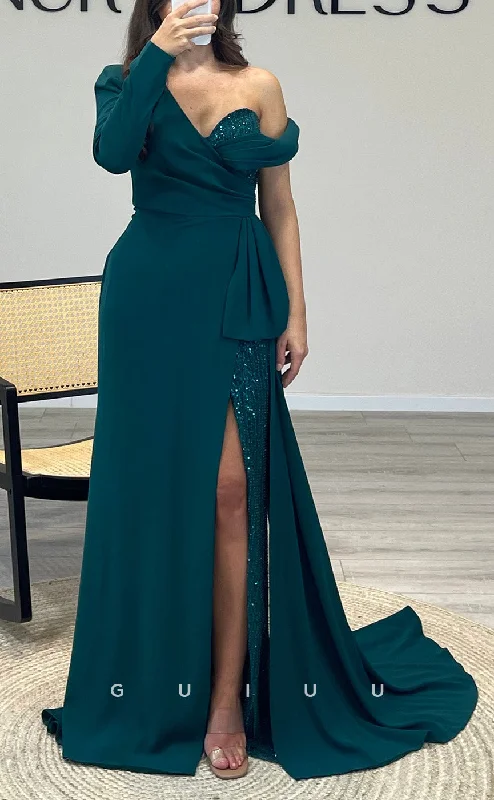 G3544 - Classic & Timeless Sheath Asymmetrical Long Sleeves Sequined Draped High Side Slit Floor-Length Ballgown Prom Dress With Overlay