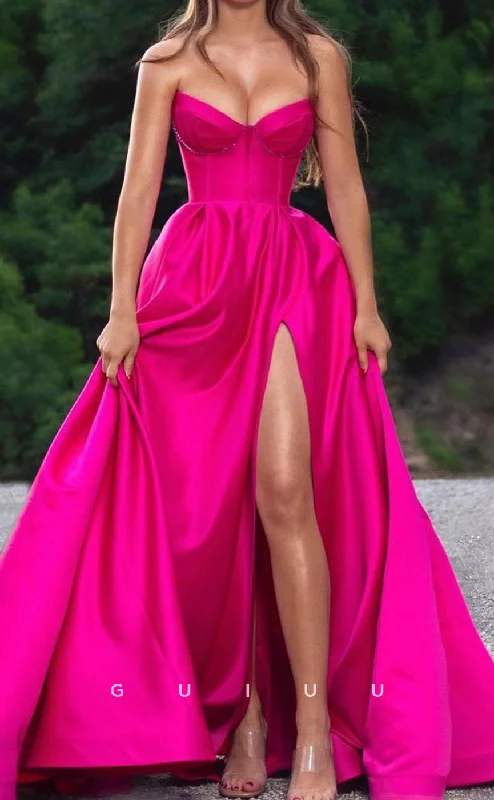 G3903 - A-Line Strapless Sleeveless Hot Pink Stain Long Prom Dress with High Side Slit