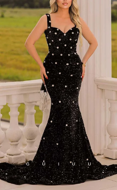 G4002 - Sexy & Hot Mermaid V-Neck Straps Fully Sequined and Beaded Evening Party Prom Dress with Sweep Train