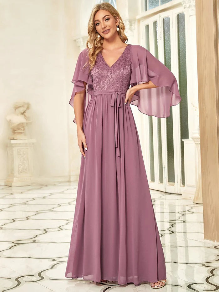 Elegant Deep V Neck Chiffon Maxi Evening Dress