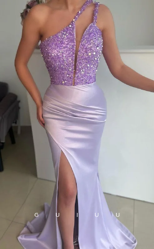 G2494 - Elegant One Shoulder Sequins Satin Long Formal Evening Dress