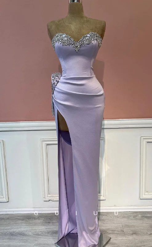 G2504 - Sexy & Hot Sweetheart Beaded Satin Lavender Long Prom Evening Dress