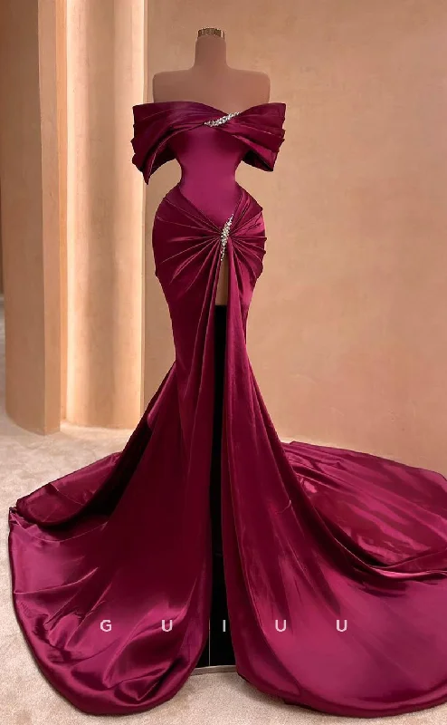 G2606 - Elegant & Luxurious Off-Shoulder Beaded Satin Prom Evening Dress With Slit