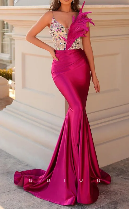 G2661 - Chic & Modern Beaded Straps Sheer Prom Evening Party Dress With Feather