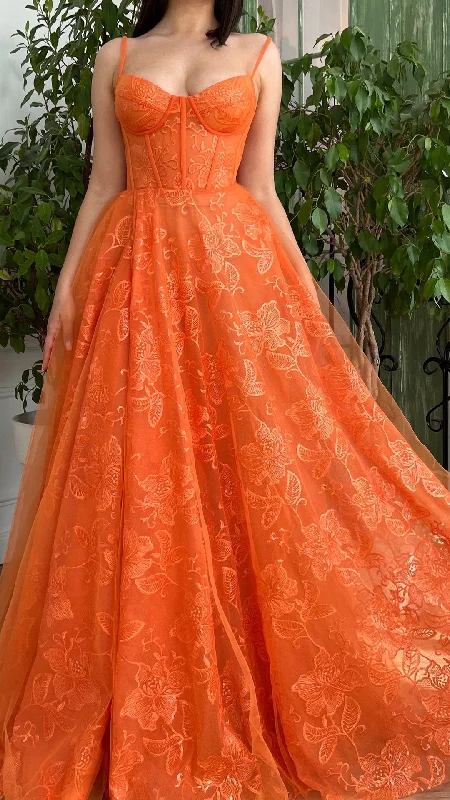 G2700 - Chic & Modern A-Line Straps Tulle Orange Ball Gown Porm Evening  Dress