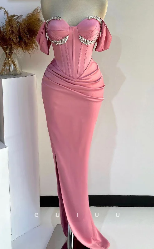 G2721 - Chic & Modern Off-Shoulder Sweetheart Beaded Ruched Long Porm Evening Dress