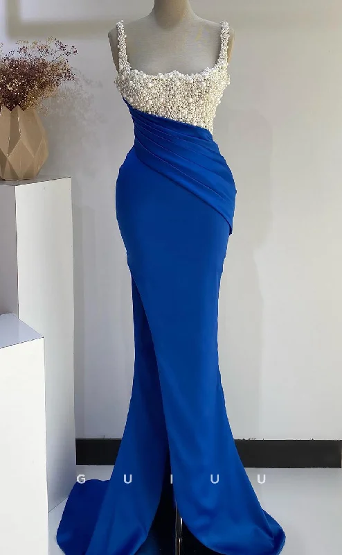 G2727 - Elegant & Luxurious Pearl Beaded Straps Royal BluePorm Evening Dress