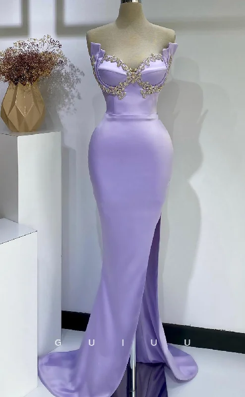 G2730 - Chic & Modern Mermiad Beaded Strapless Lavender Long Porm Evening Dress