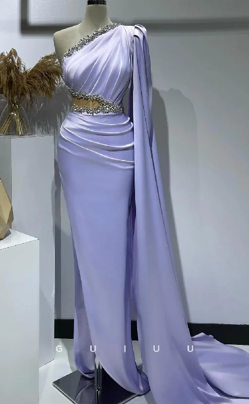 G2732 - Classic & Timeless Beaded One Shoulder Ruched Lavender Long Sleeves Porm Evening Dress