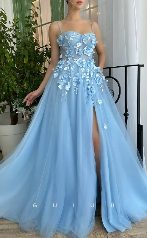 G2738 - Elegant & Simple Sweetheart Spaghetti Straps Floral Embossed Blue Prom Evening Dress