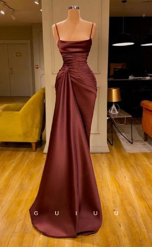 G2751 - Sexy & Hot Simple Straps Rucheed Burgundy Long Prom Evening Dress