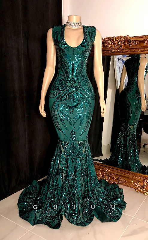 G2755 - Sexy & Fitted Mermaid V-Neck Sequins Sheer Long Prom Evening Dress