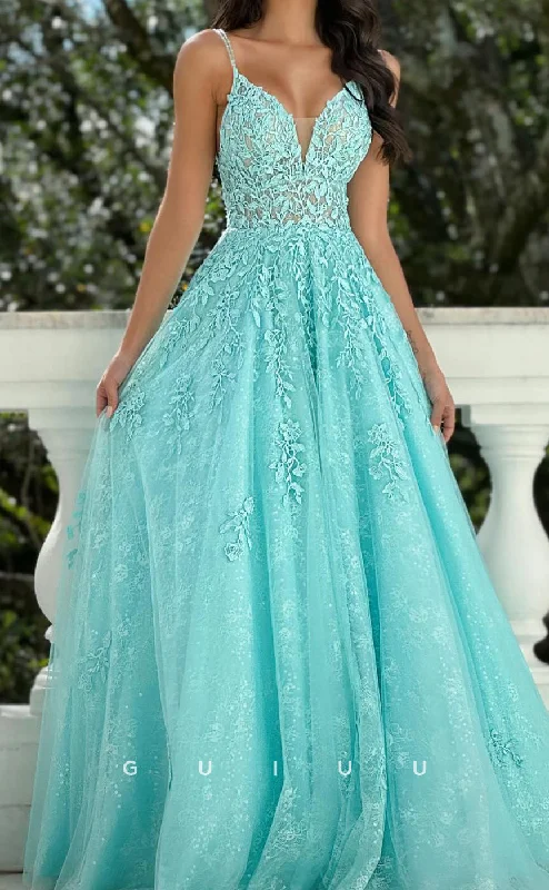 G2799 - A-Line V Neck Straps Sleeveless Fully Appliques Long Prom Dress