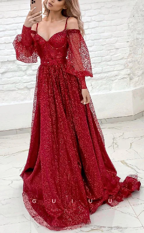 G2853 - Classic & Timeless Glitter Off-Shoulder Straps Long Sleeves Red Prom Dress