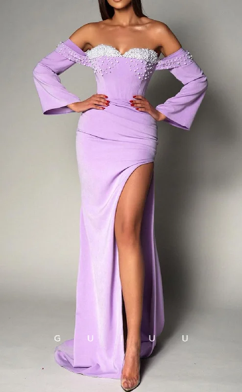 G2996 - Chic & Modern Off-Shoulder Beaded PLeats Lilac Long Sleeves Formal Prom Dress