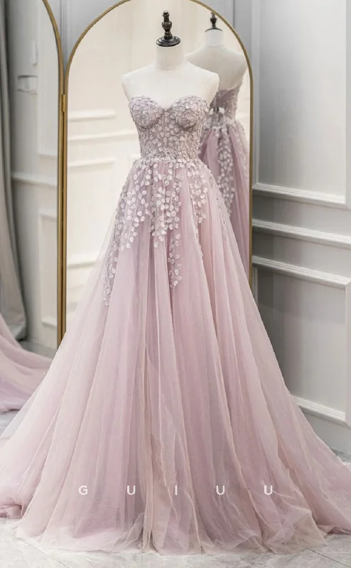 G3027 - Chic & Modern A-Line Strapless Sleeveless Appliques TulleLong Prom Dress