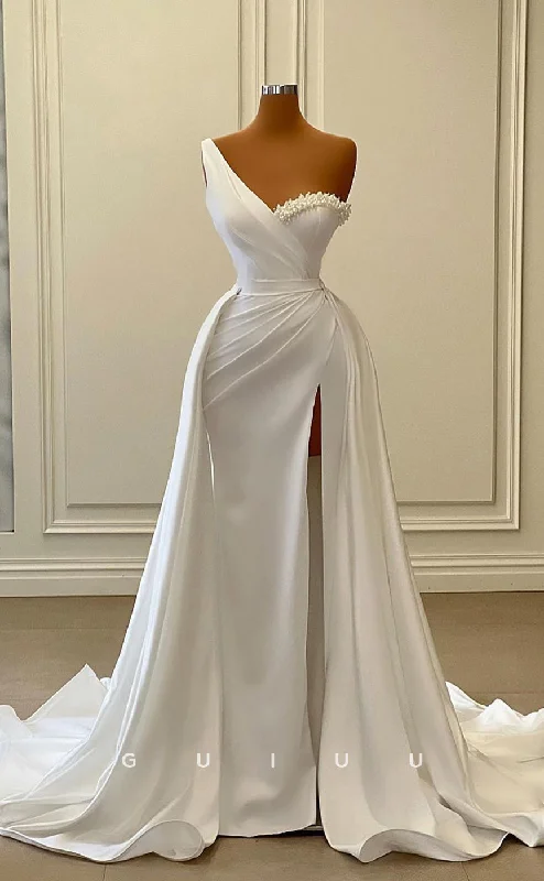 G3036 - Chic & Modern One Shoulder Beaded Pleats White Long Formal Prom Dress