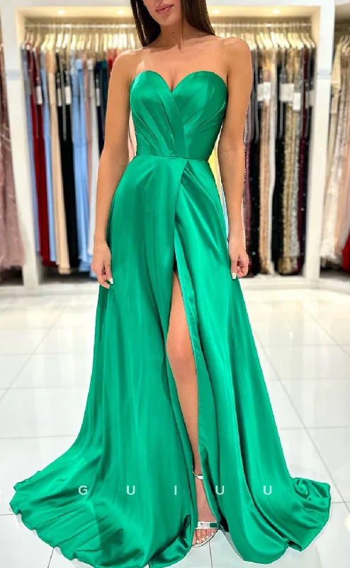 G3051 - Chic & Modern A-Line Satin Strapless Pleats Long Formal Prom Dress With Slit