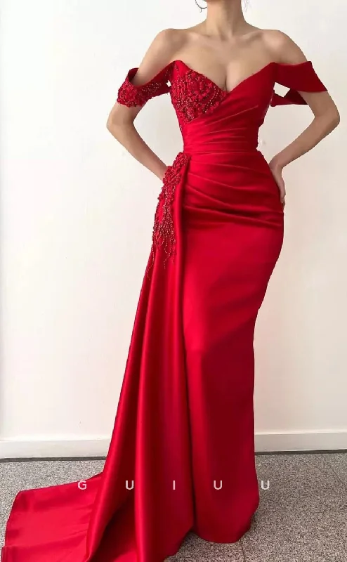 G3079 - Elegant & Luxurious Off-Shoulder Beaded Red Pleats Long Formal Prom Dress