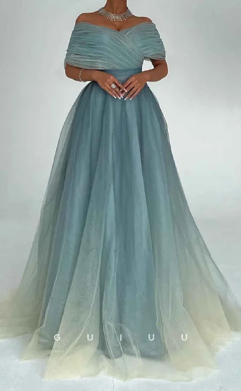 G3096 - Elegant & Chic A-Line Off-Shoulder Blue Ombre Tulle Long Formal Prom Dress