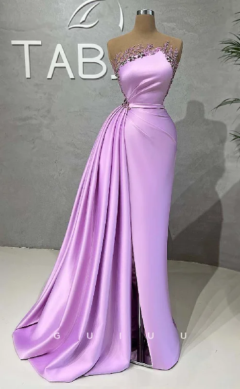 G3207 - Chic & Modern Strapless Beaded Pleats Lilac Long Evening Prom Dresses