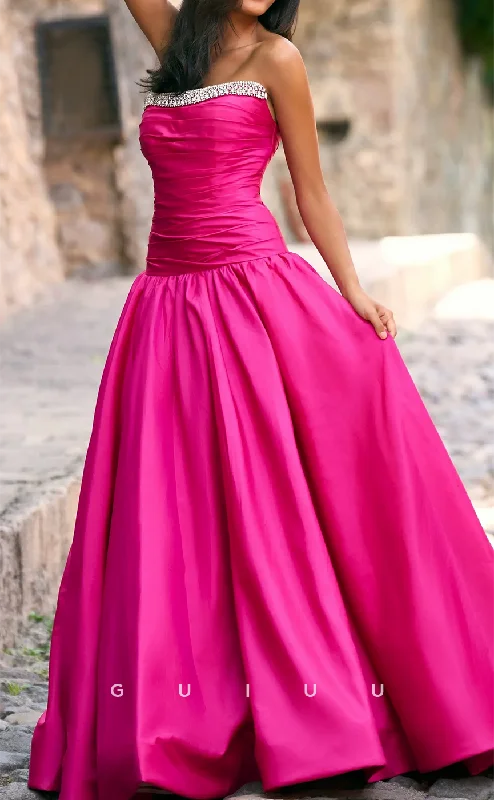 G3211 - Chic & Modern A-Line Strapless Beaded Pleats Hot Pink Long Evening Prom Dresses