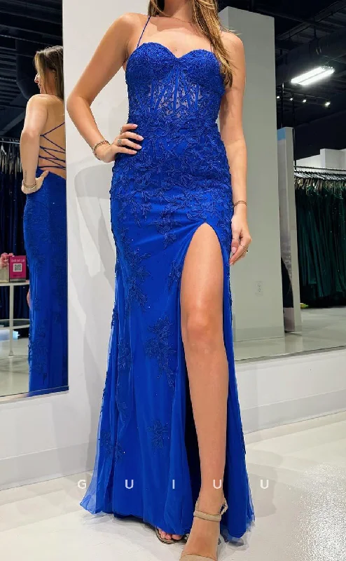 G3215 - Sheath Strapless Sleeveless Halter Fully Appliqued Long Prom Dress with High Side Silt