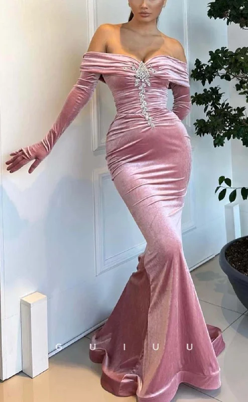 G3306 - Classic & Timeless Beaded Off-Shoulder Pink Long Party Prom Evening Dresses