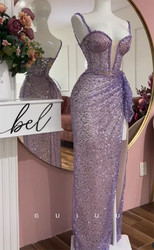 G3317 - Elegant & Luxurious V-Neck Sequins Beaded Purple Long Party Prom Evening Dresses