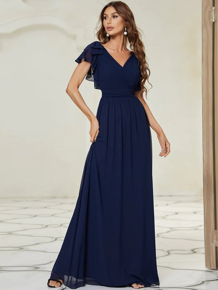 Maxi Long Chiffon Evening Dress for Women with Ruffles Sleeves