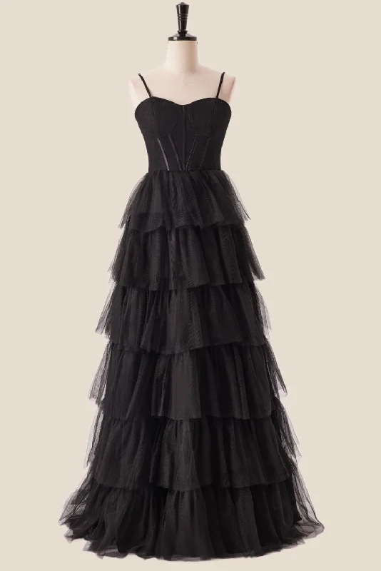 Straps Black Tiered Ruffles Long Maxi Dress